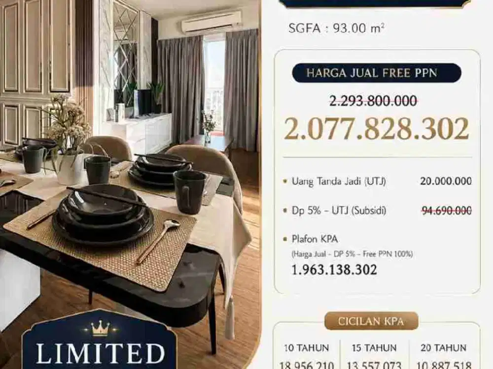 Vida View Apartemen 
Siap Huni Full Furnished & Eletronik
3 BR 
Tower Brentsville
Luas 90 M²
DP 0% 
Bebas PPN
Free Biaya KPR (propicy &Admin)
Subsidi Biaya KPA & Notaris 5 JT
Rp. 2.077.828.302