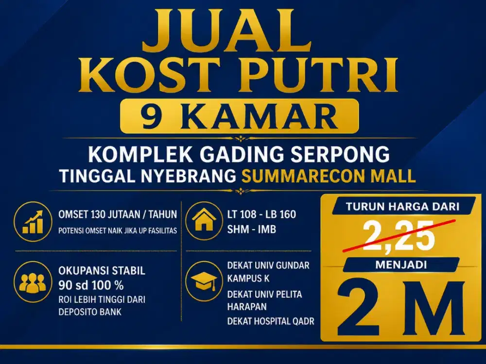JUAL KOST KOSAN PUTRI 9 KAMAR AREA DALAM KOMPLEK GADING SERPONG