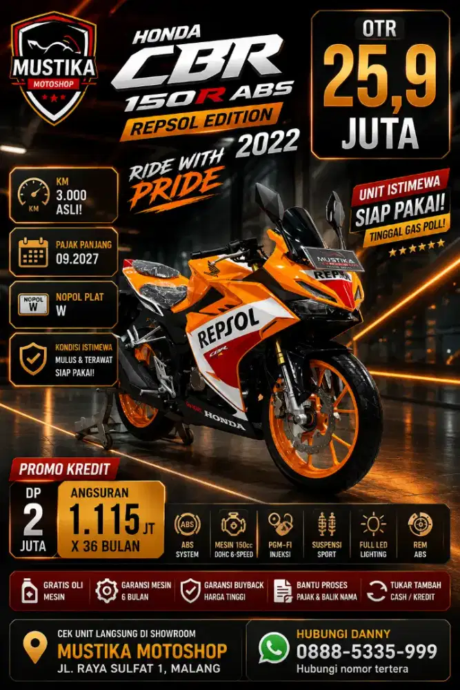 Honda CBR 150R 2022 ABS REPSOL. KM 3RB. DANNY Mustika Malang