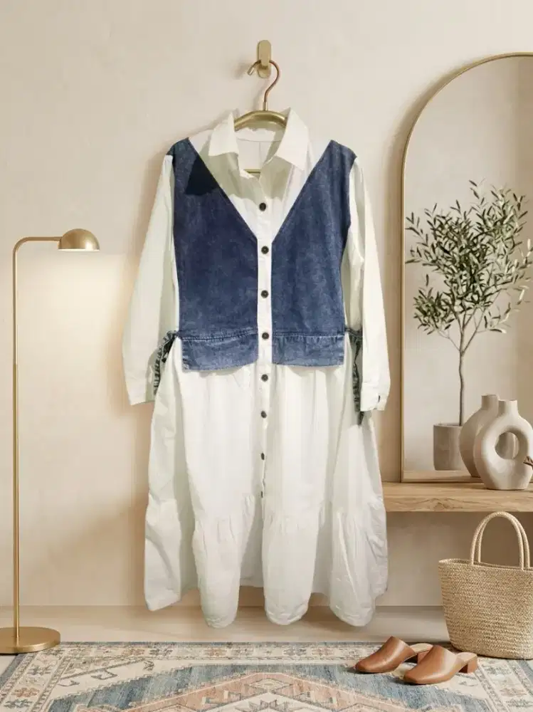 Preloved Midi Shirt Dress Kombinasi Jeans