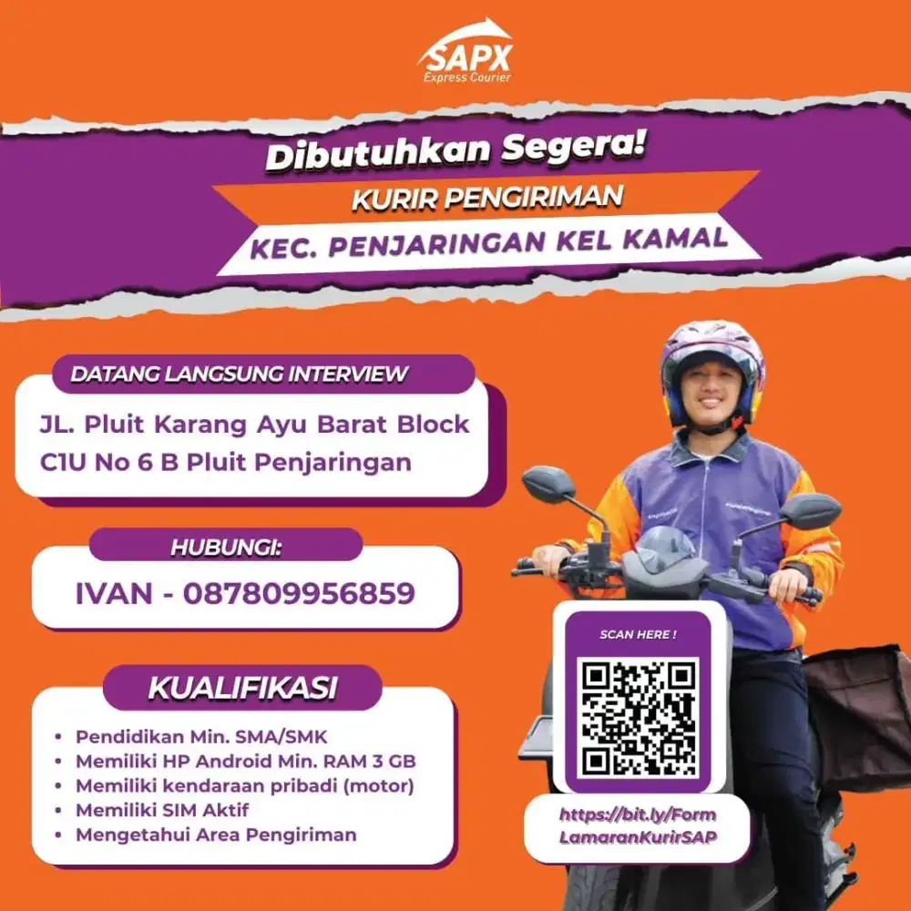 Dibutuhkan kurir delivery dan pickup area penjaringan