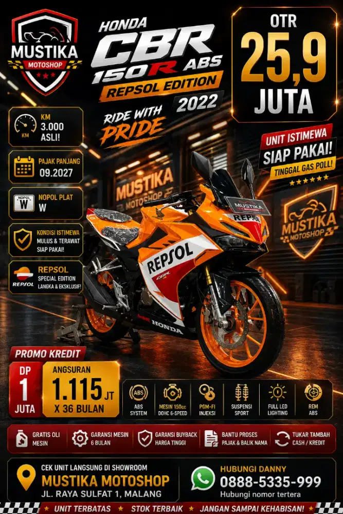 Dp 1jt‼️Honda CBR 150R ABS REPSOL 2022. DANNY Mustika Sulfat