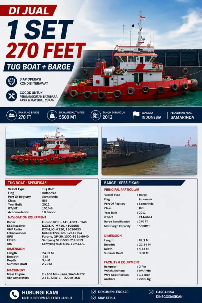 Di jual satu set Tugboat & tongkang 270 feet tahun 2012