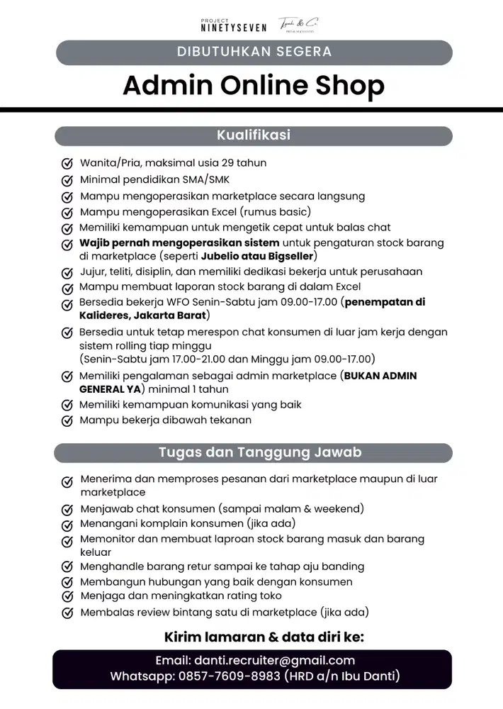 LOKER ADMIN ONLINE SHOP (KALIDERES, JAKARTA BARAT)