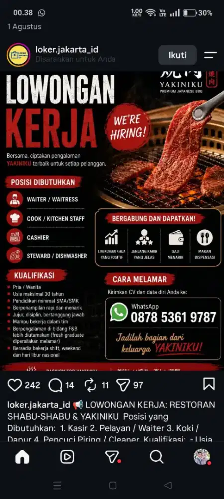 Lowongan kerja Kasir dan Waiters