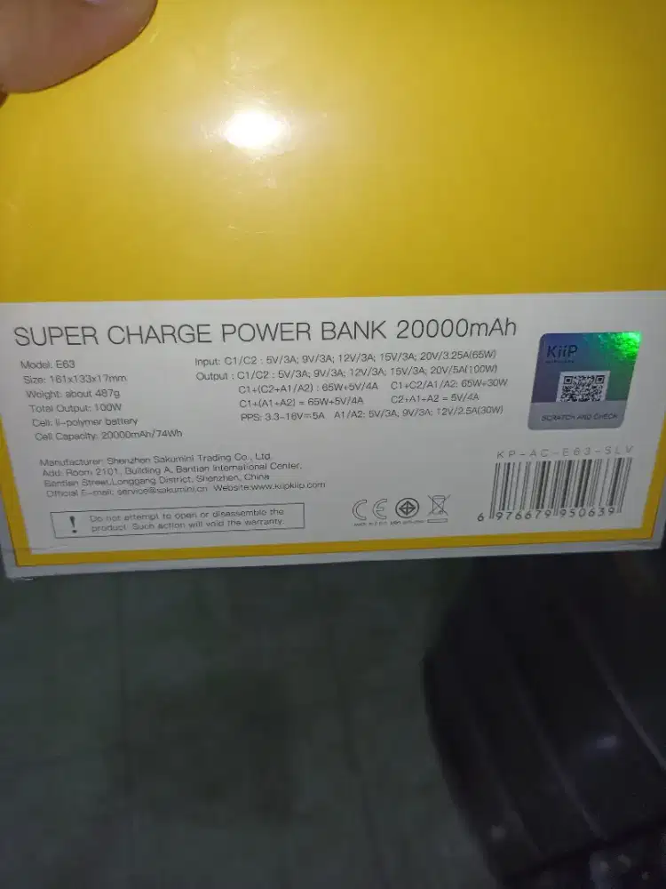 Powerbank KiiP E63 100W 20000mAh Super Fast Charging - New Segel