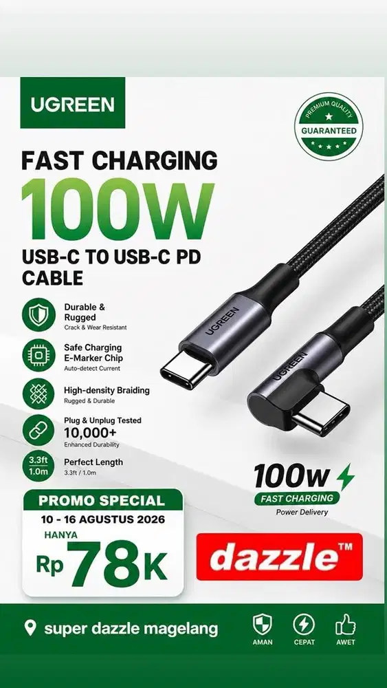 Kabel data ugreen c to c letter L black 100 watt78.000