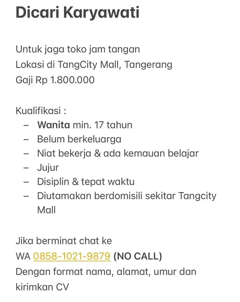 Dicari Karyawati untuk toko jam di Tangcity Mall