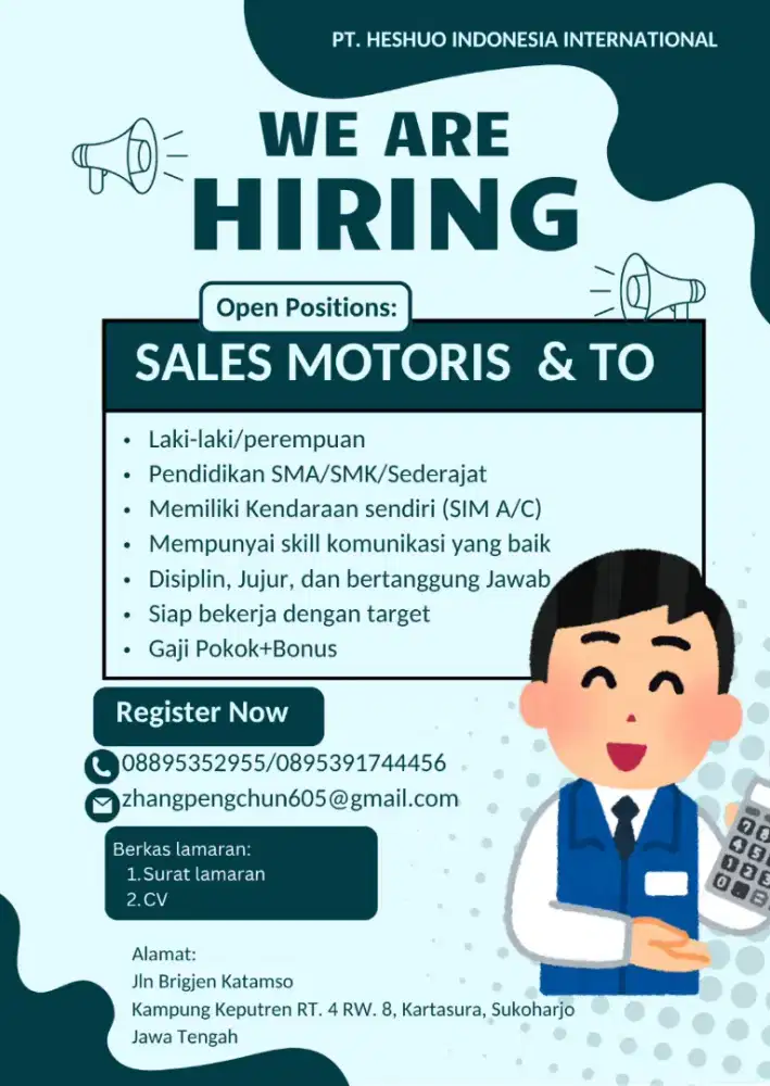 Membutuhkan sales Motoris & sales TO area solo