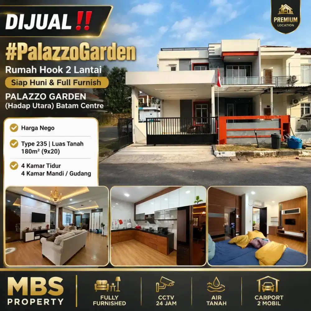 DIJUAL
Rumah Hook 2 Lantai  Full Furnish PALAZZO GARDEN