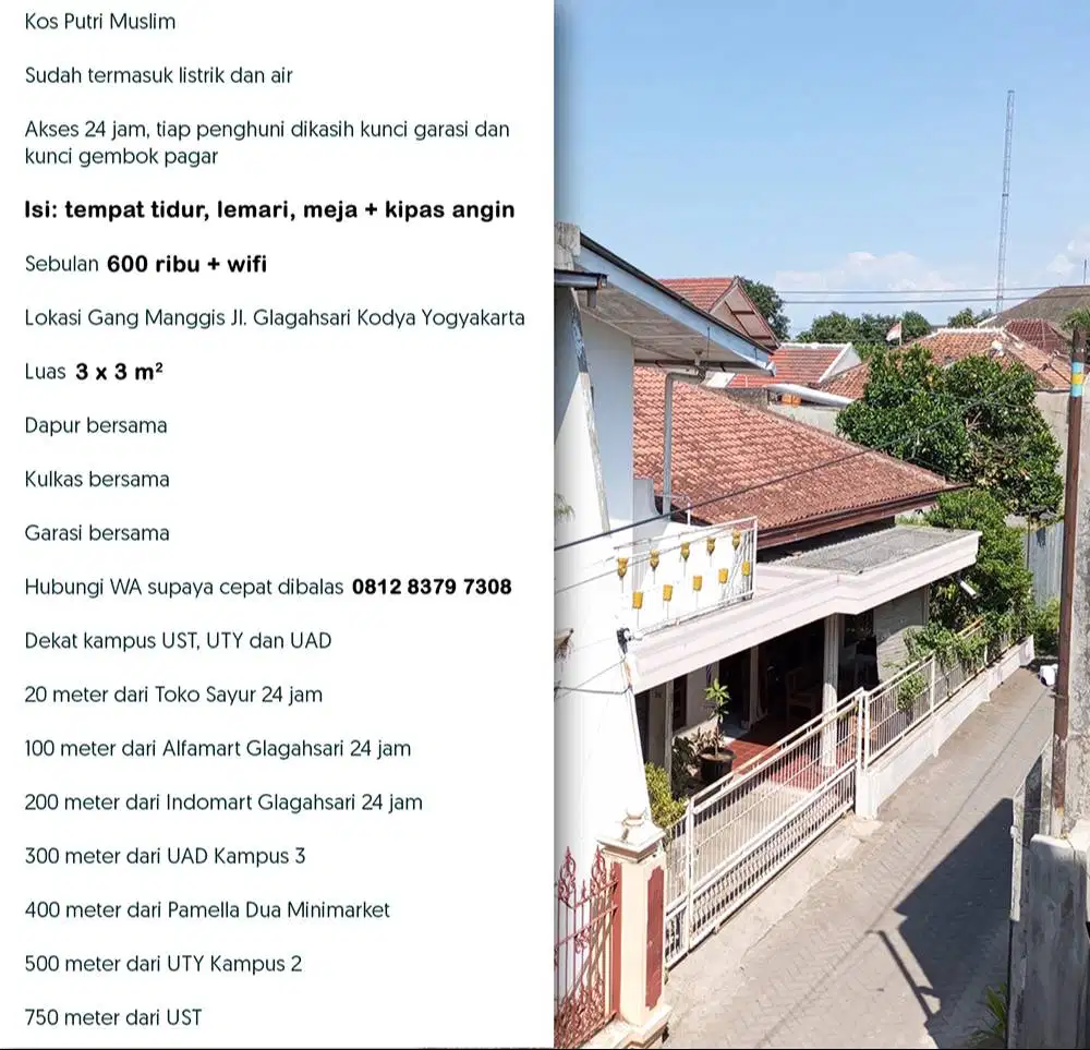 Kos dekat UST, UTY 2 dan UAD 3 - Putri Muslim