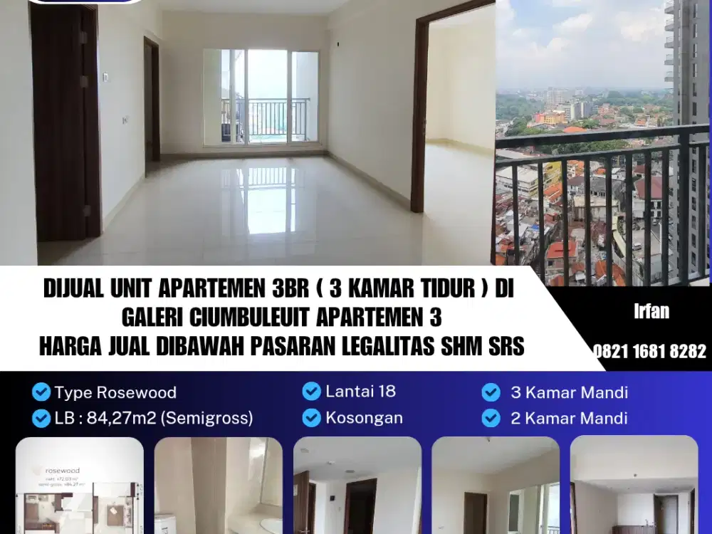Dijual Unit Apartemen 3BR ( 3 Kamar Tidur & 2 Kamar Mandi ) di 
Galeri Ciumbuleuit Apartemen 3
Harga Jual Dibawah Pasaran Legalitas