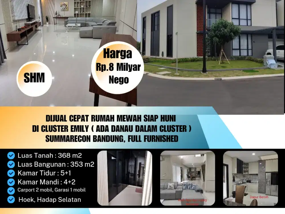 Dijual Cepat Rumah Mewah di Cluster Emily ( Ada Danau ) Summarecon Bandung Full Furnished