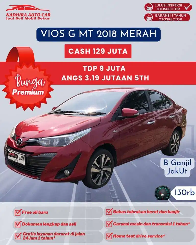 Angsuran Bunga Premium 3 Jutaan Vios G MT 2018 Merah