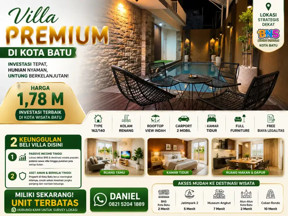 Investasi Villa Batu Dekat BNS | 5 KT, Kolam Renang Pribadi & Rooftop