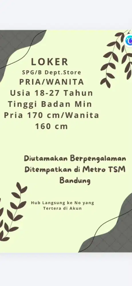 Dibutuhkan segera SPG/B area Bandung,Jawa Barat