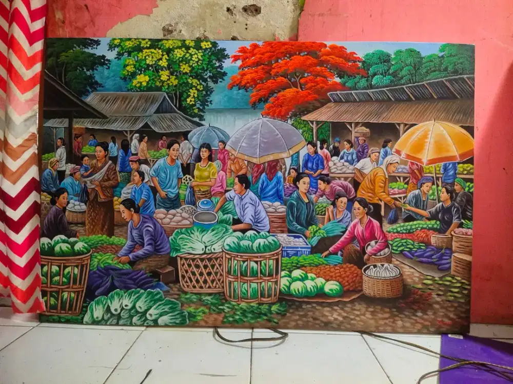 Dijual lukisan kanvas pasar traditional 90x130 cm