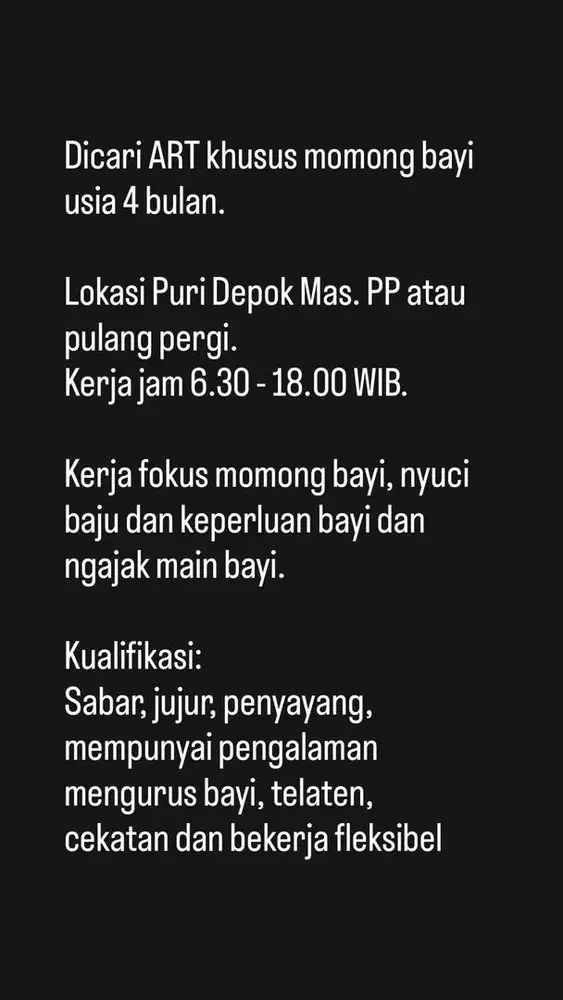 Dicari ART KHUSUS MOMONG Bayi