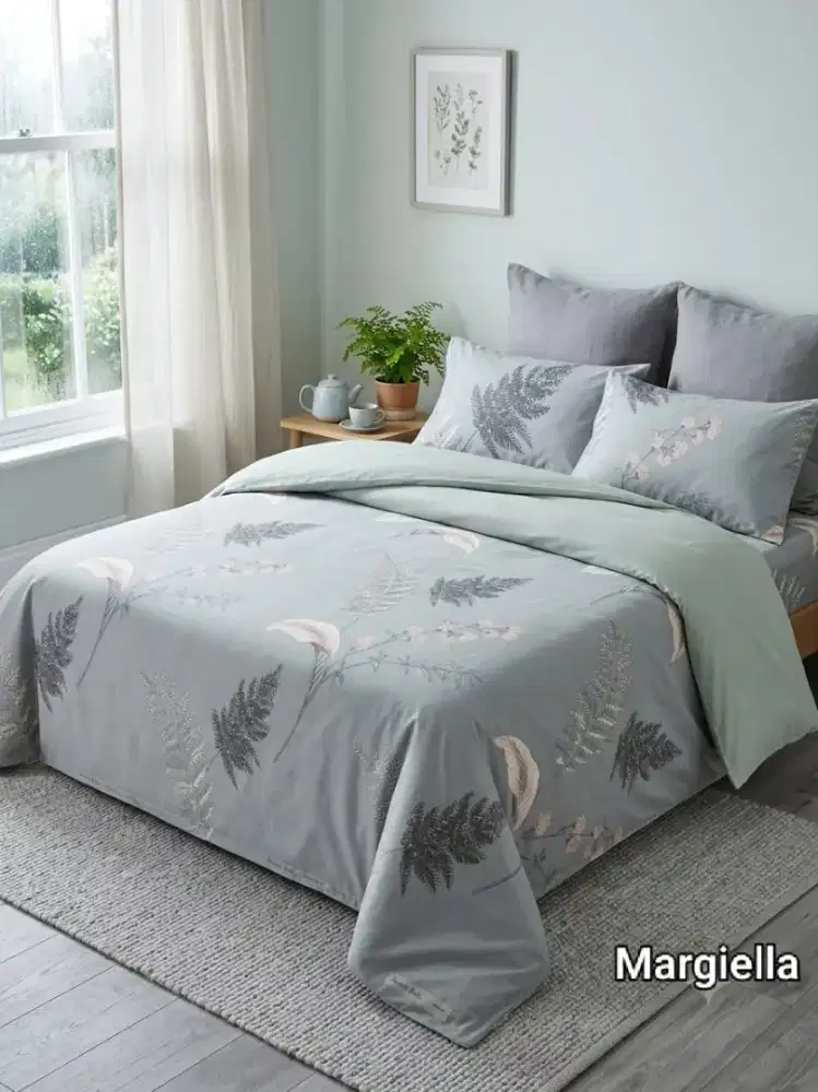 Set sprei katun halus motif daun grey