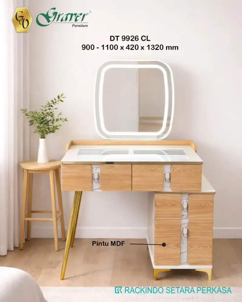Meja rias estetik lampu LED bahan glossy + kursi