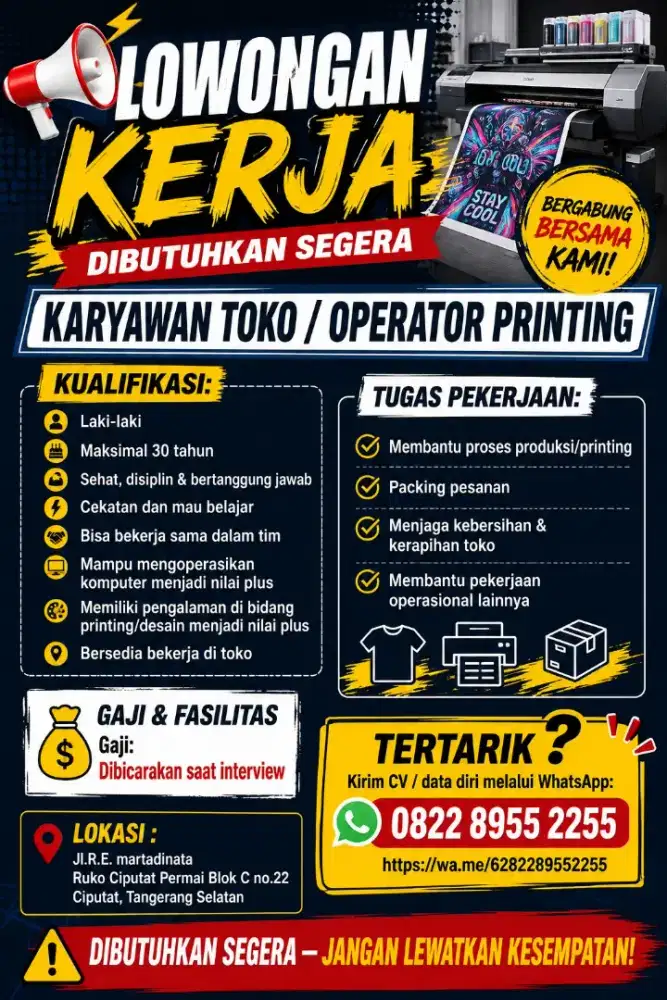 DIBUTUHKAN SEGERA
KARYAWAN TOKO
