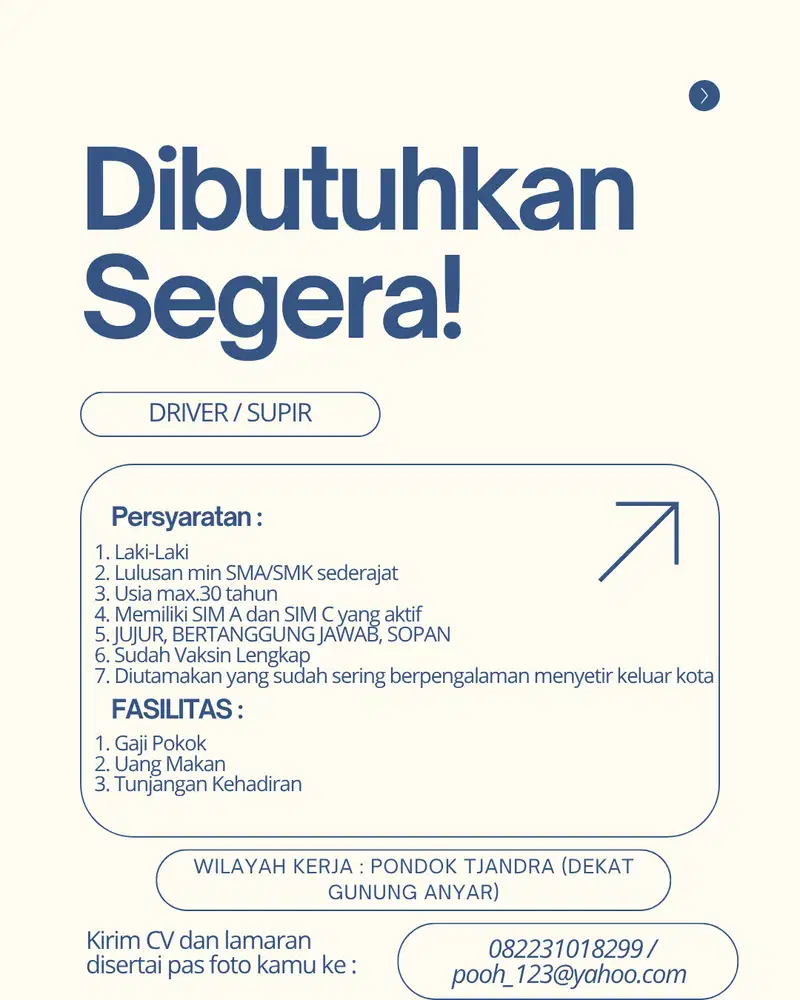 DIBUTUHKAN SEGERA LOWONGAN KERJA SUPIR DRIVER