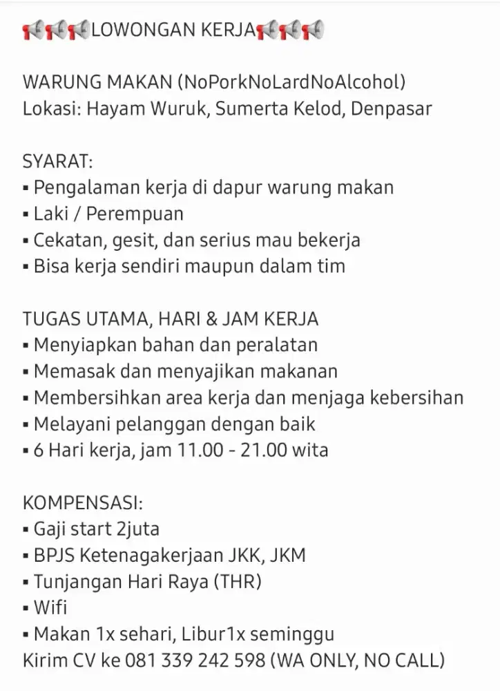 LOWONGAN KERJA WARUNG MAKAN