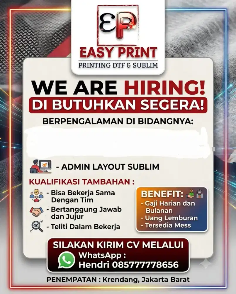Di Butuhkan Segera Admin Design Grafis Untuk Sublim