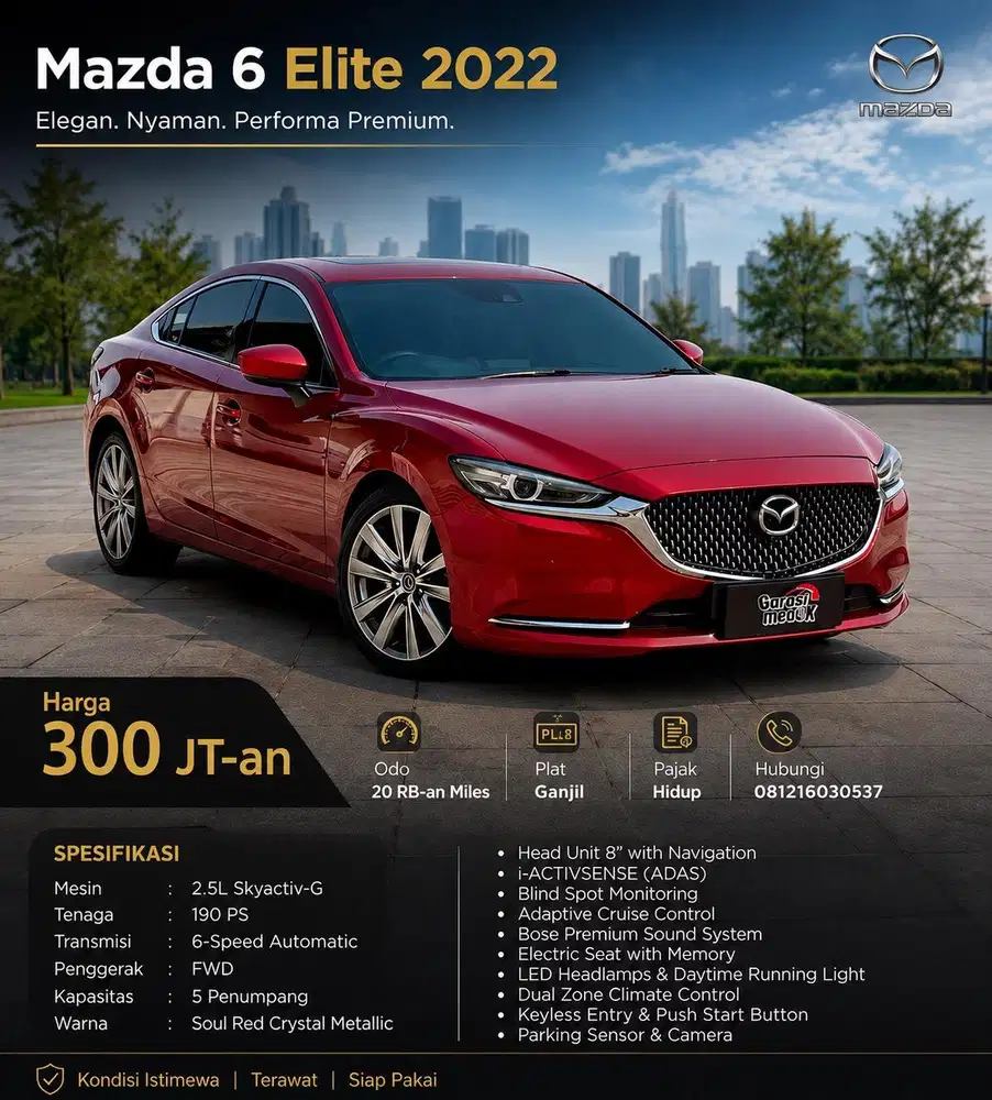 Mazda 6 Elite Sedan 2022 Antik Low KM Murah Bekas Merah Ganjil Garansi