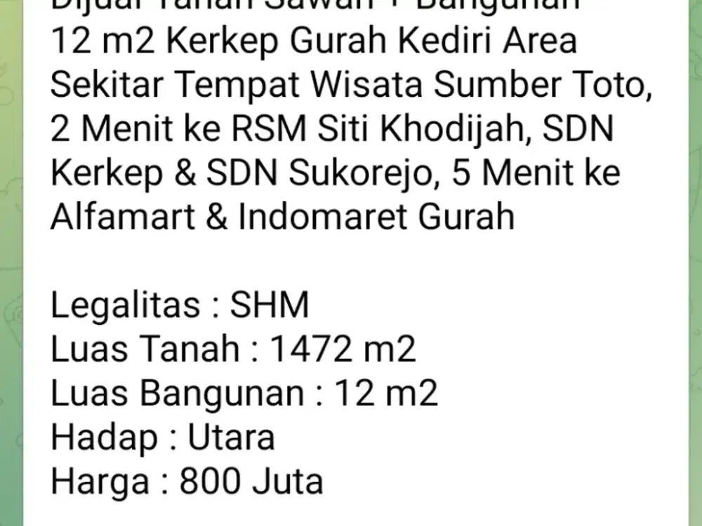Dijual Tanah, sawah bangunan di krekep Gurah Kediri