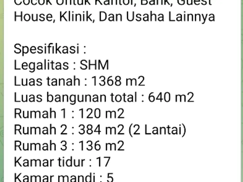 Dijual Rumah 17 kamar di Twngah kota kediri