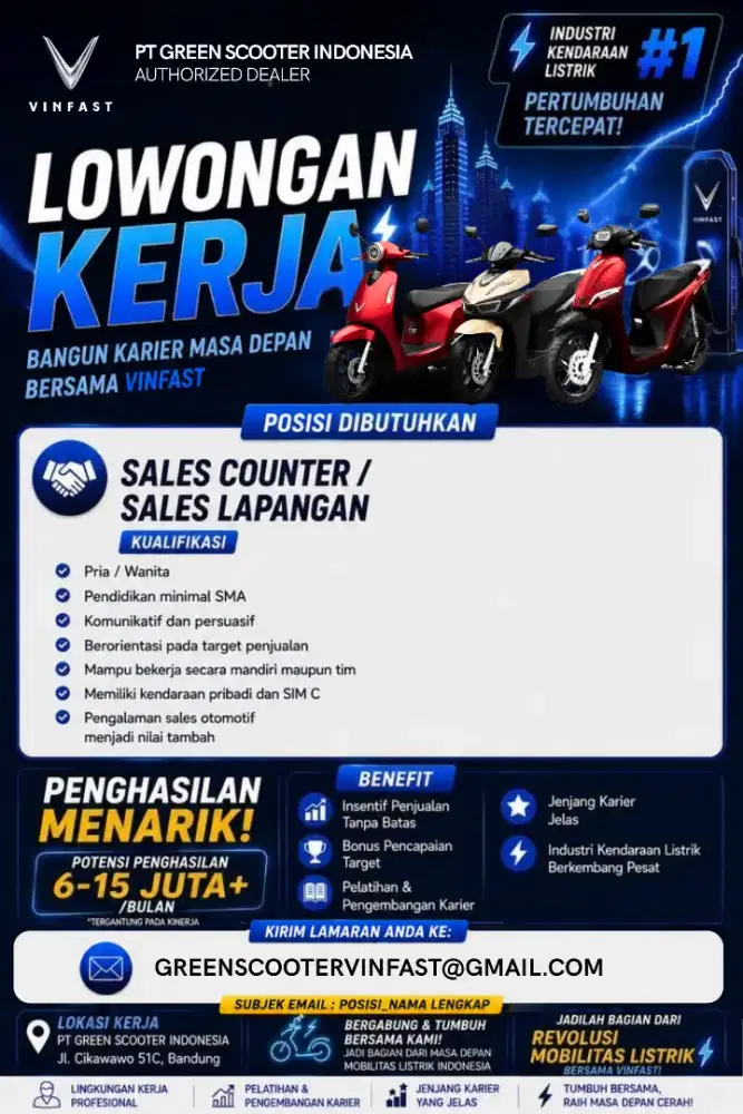 Lowongan Kerja Sales Counter & Lapangan VinFast Bandung