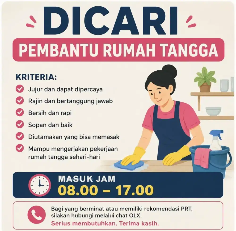 Mencari  pembantu rumah tangga wanita.