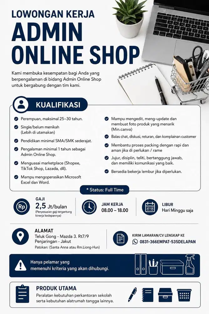 LOWONGAN KERJA – ADMIN ONLINE SHOP DAN ADMIN PACKING