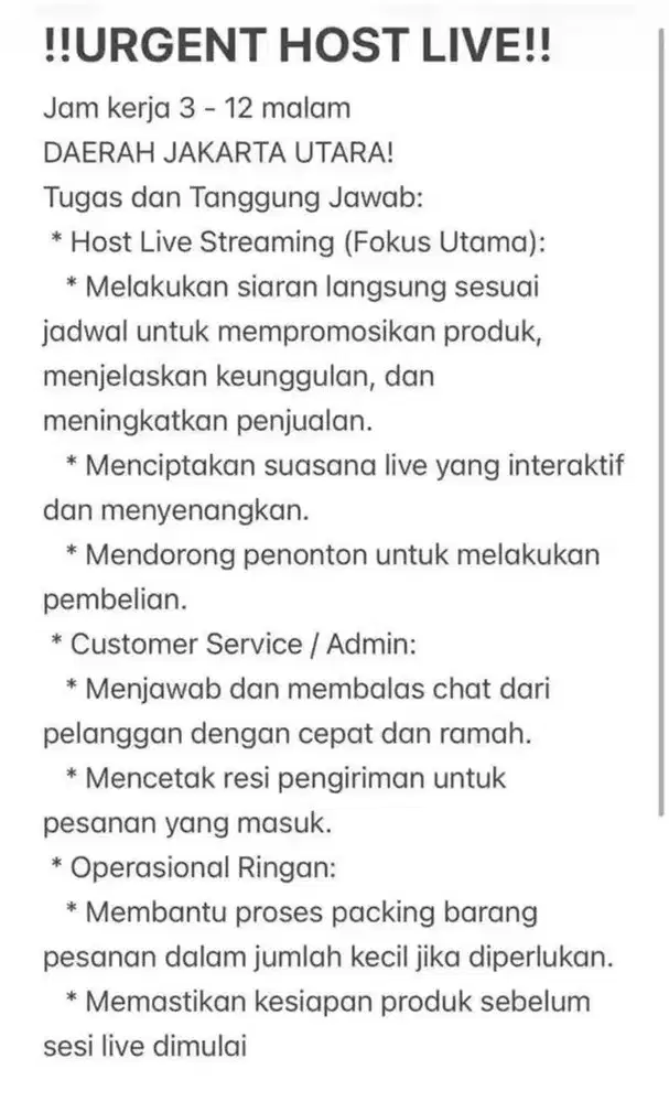 URGENT ! DIBUTUHKAN HOST LIVE JAM MALAM