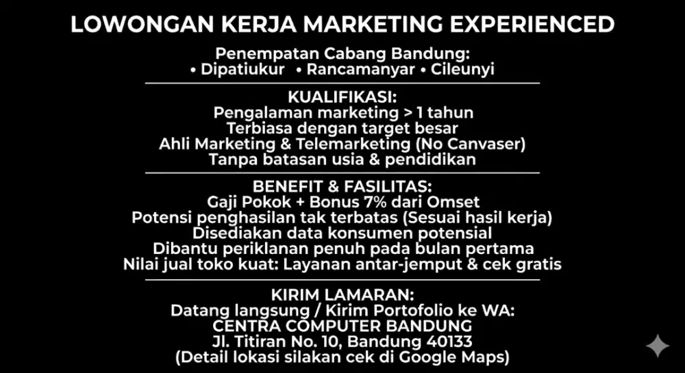 dibutuhkan marketing executive untuk toko jasa service komputer