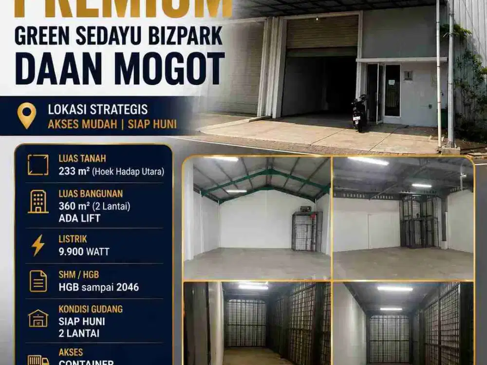 Dijual Gudang 2 Lantai dengan Lift, Posisi Hook, Luas 233m² di Green Sedayu Bizpark Daan Mogot