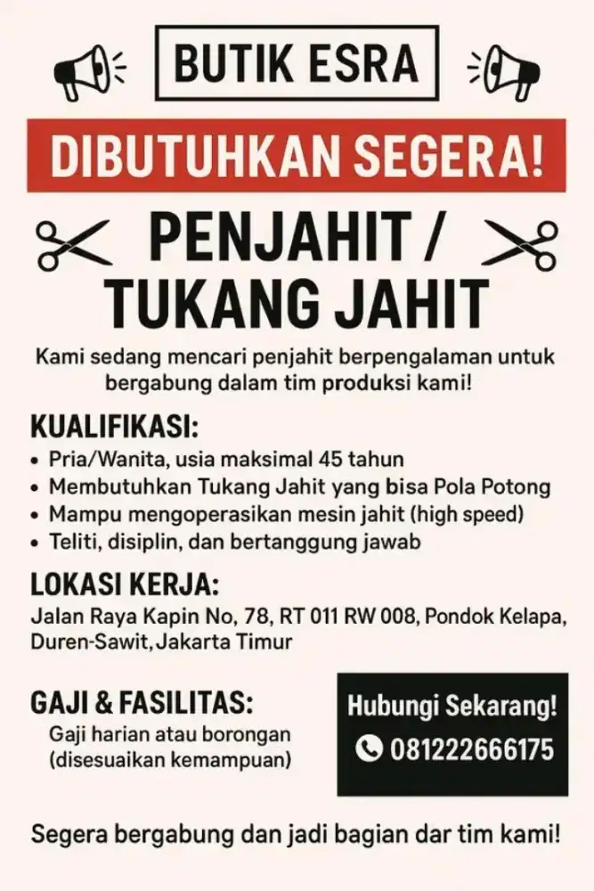 Lowongan kerja  menjahit