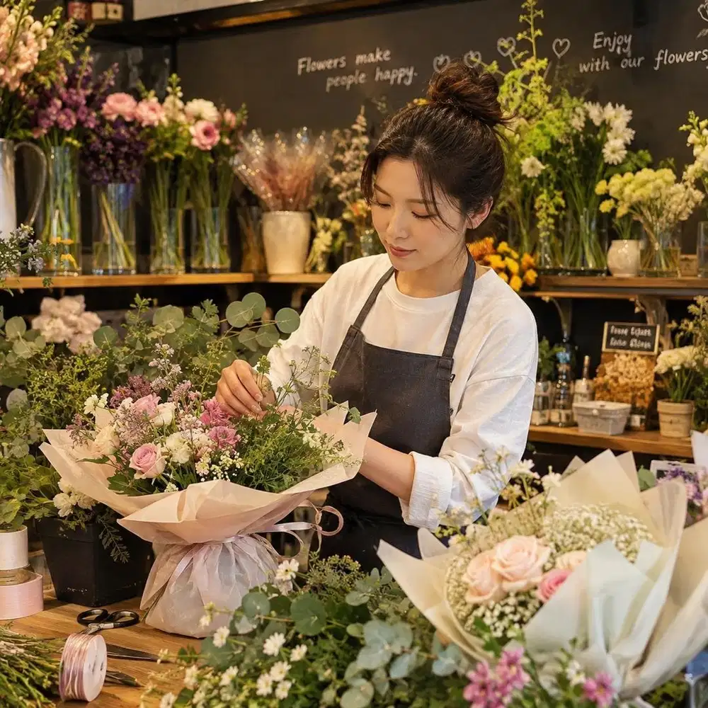 Perakit bunga wanita / pegawai cewek florist toko bunga