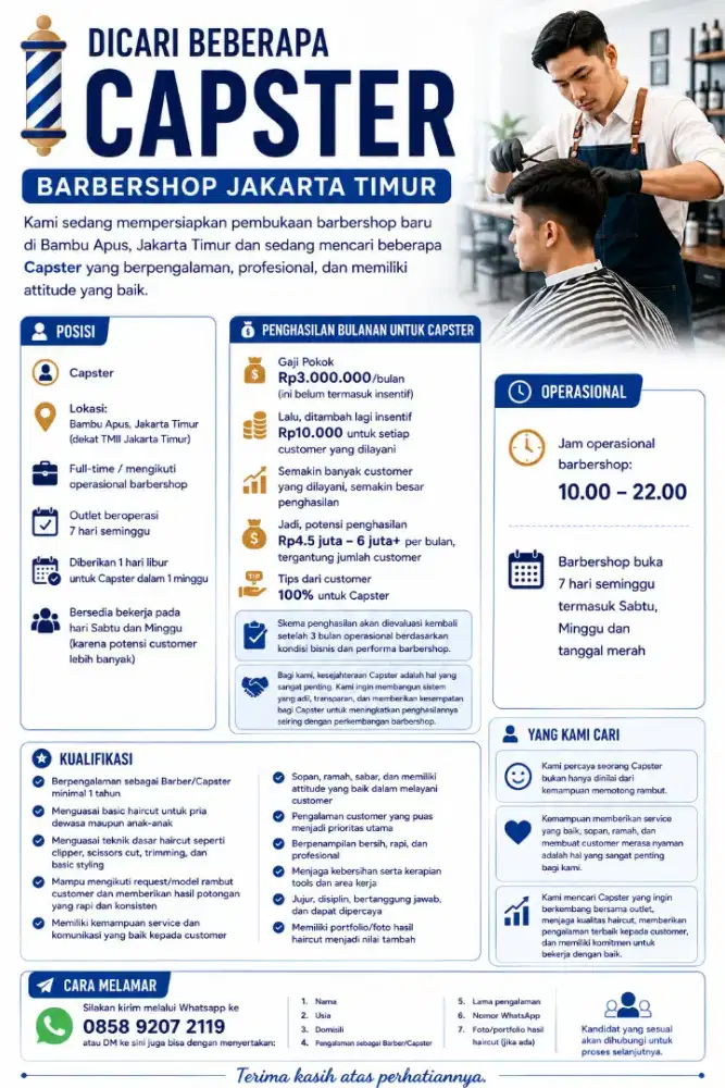 DICARI BEBERAPA CAPSTER - BARBERSHOP JAKARTA TIMUR