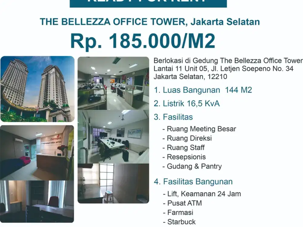 SEWA KANTOR THE BELLEZZA OFFICE TOWER, TERSEDIA 3 RUANG, LUAS 144 M2 & 78M2 (FULL FURNISH)