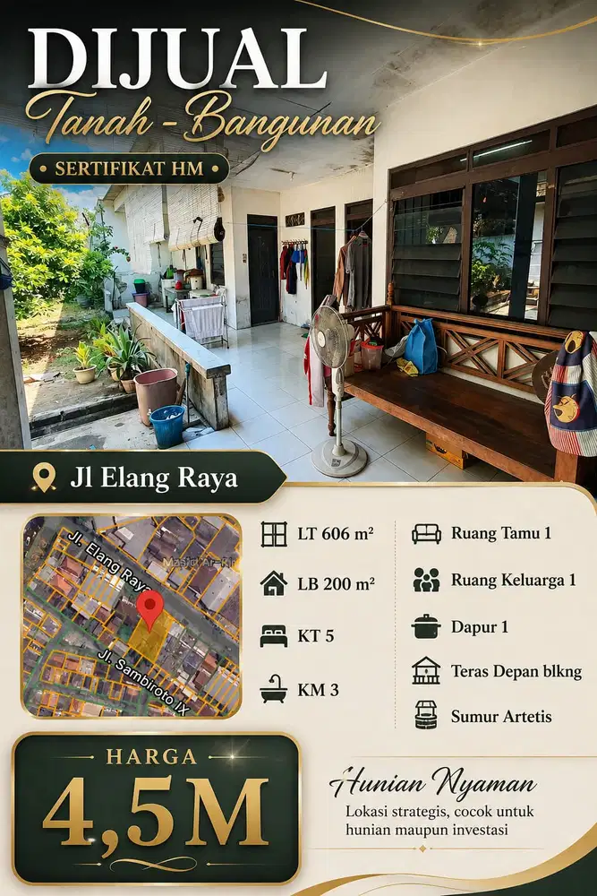 TANAH DAN BANGUNAN ELANG RAYA 606m CEPAT SEGERA DIBAWAH HARGA PASAR