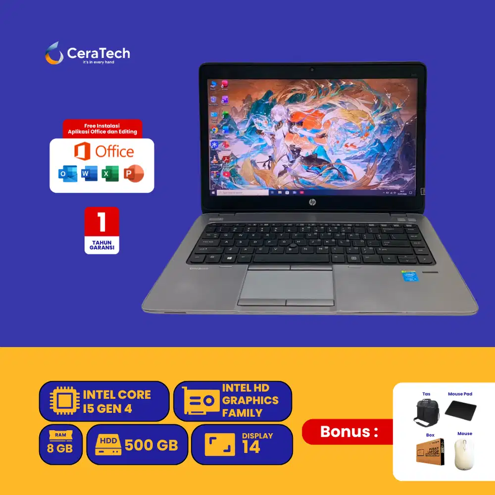 LAPTOP HP ELITEBOOK 840 G1 INTEL CORE I5 GEN 4 RAM 8 HDD 500 GB
