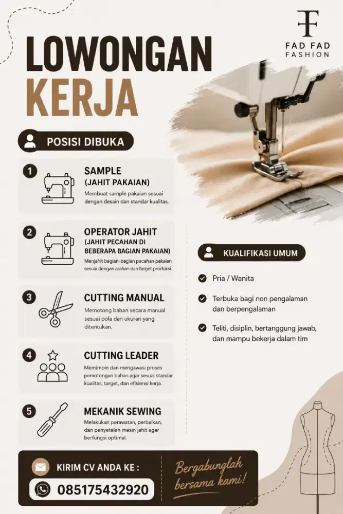 Jahit Sampel/Pecahan, Mekanik Sewing, Cutting Manual, Cutting Leader
