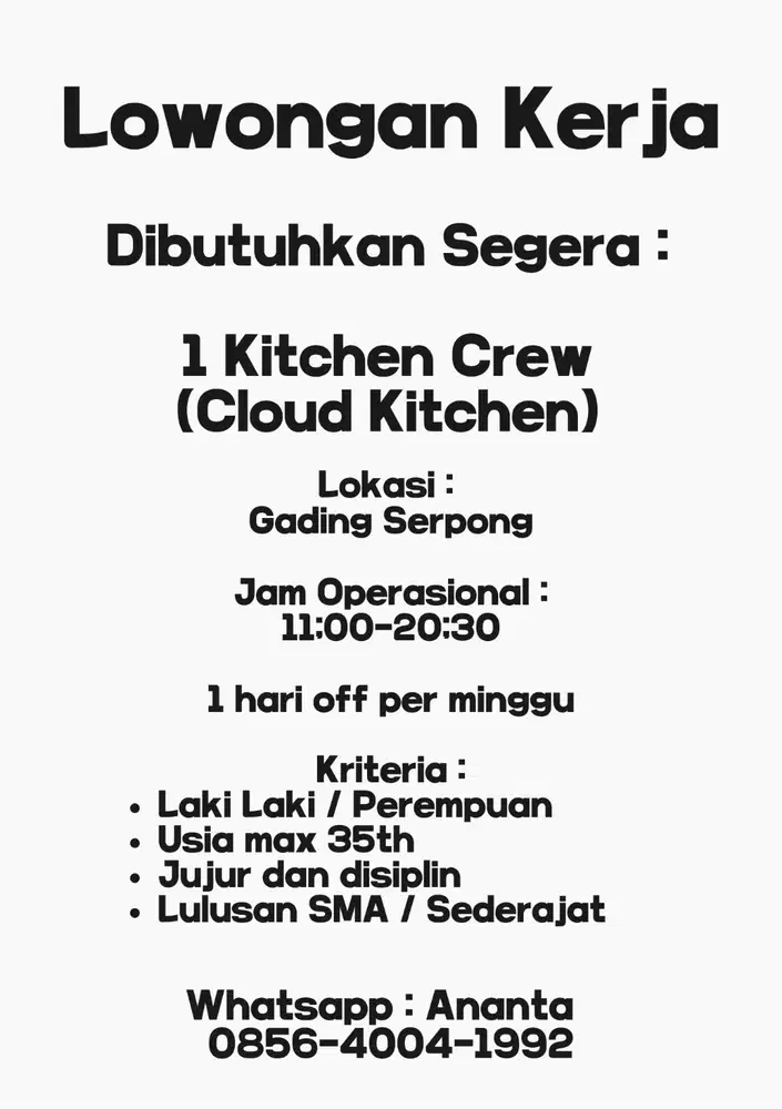 Lowongan Kerja Kitchen Crew untuk Cloud Kitchen - Menu Ricebowl
