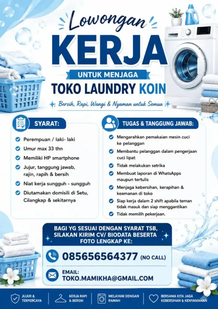 Dibutukan Karyawan untuk Menjaga Toko Laundry Koin