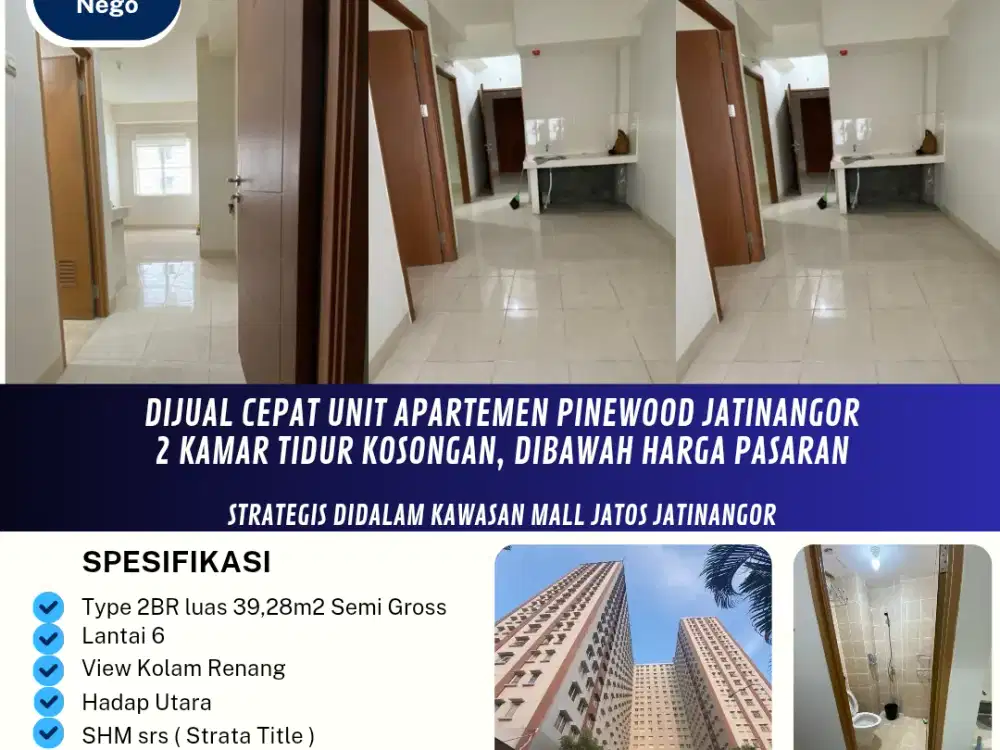 Dijual Cepat Unit Apartemen Pinewood Jatinangor
2 Kamar Tidur Kosongan, Dibawah Harga Pasaran.

Strategis Didalam Kawasan Mall Jatos Jatinangor.