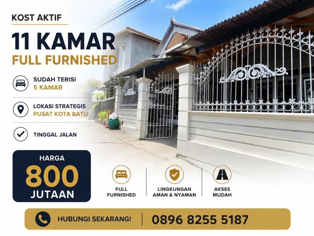 Kost Aktif 11 Kamar di Pusat Kota Batu, Harga 800 Jutaan   — Investasi Menarik!