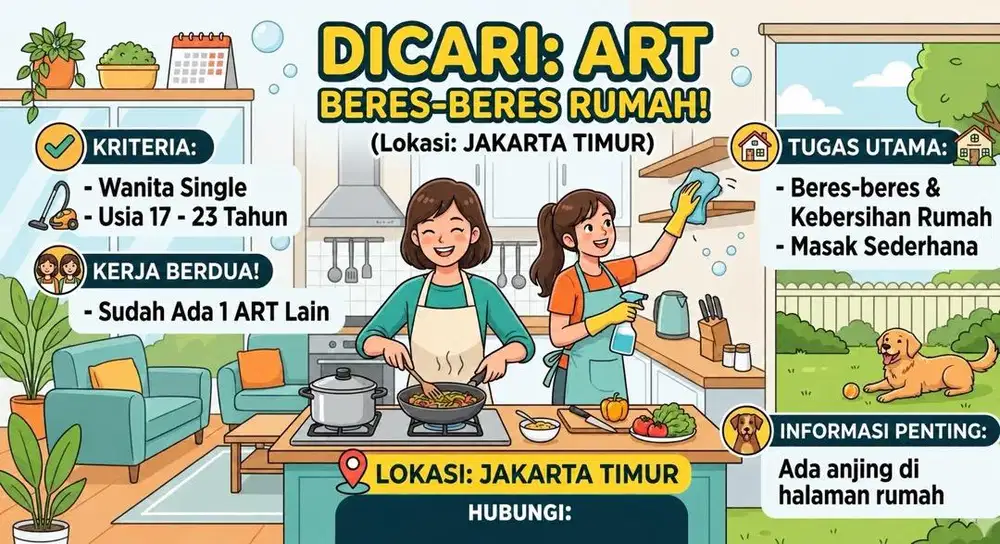 Dicari ART beberes rumah, bisa masak sederhana, lokasi Jakarta Timur