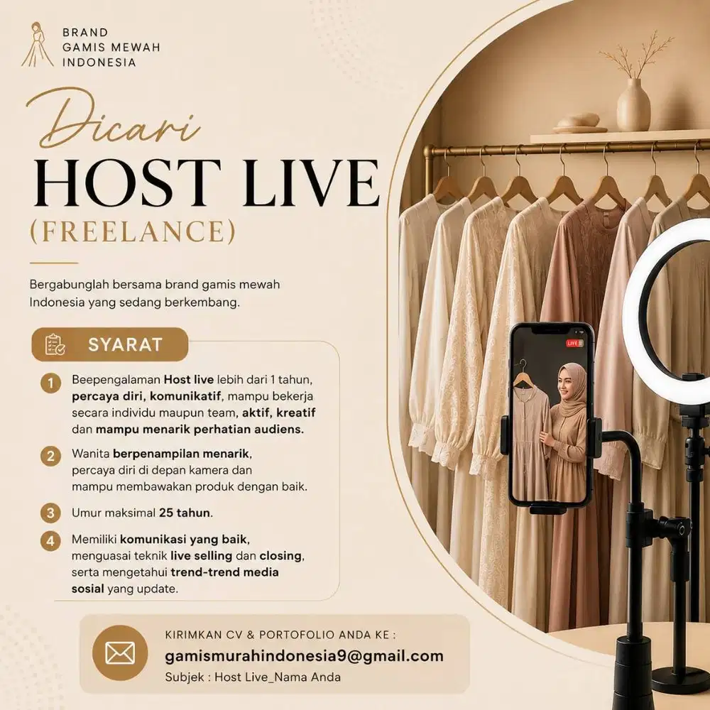 Dicari Host Live ( Freelance ) untuk Brand Gamis Mewah Indonesia